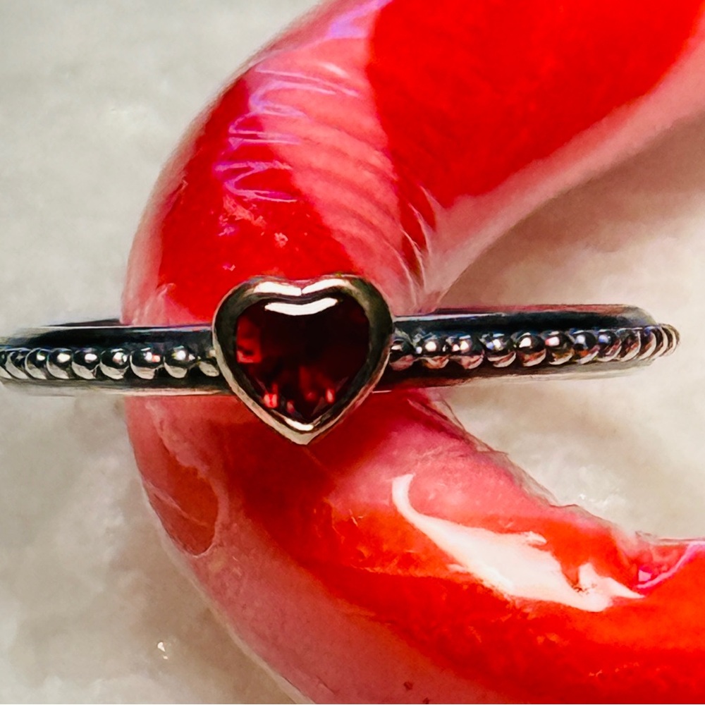Pandora Silver Heart Ring with Red Gemstone 7